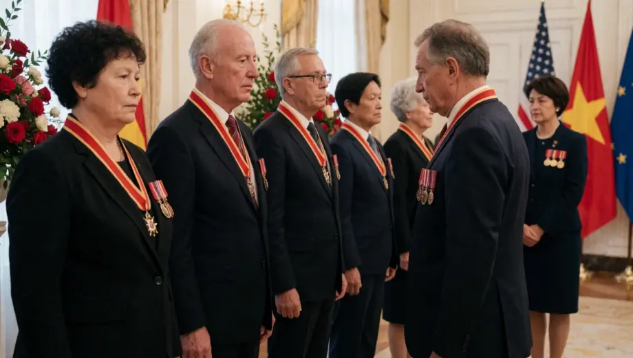A solemn ceremony honoring heroes with medals and ribbons, set in a dignified indoor hall with soft lighting, featuring diverse individuals in formal attire receiving recognition, surrounded by flags and floral arrangements, conveying respect and gratitude