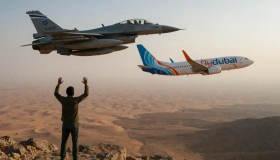 A tense aerial scene showing an Israeli fighter jet in pursuit of a Flydubai commercial aircraft over a desert landscape, with the Israeli jet having its weapons systems locked on but not firing, while the Flydubai plane evades sharply; in the foreground, a lone figure named Sabak stands on a rocky outcrop, arms raised in desperation or plea, overlooking the chase; the sky is hazy with late afternoon light, emphasizing the gravity of the moment; no text, no logos, no visible flags or markings th