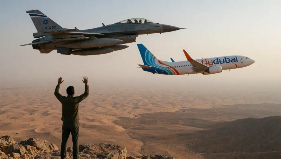 A tense aerial scene showing an Israeli fighter jet in pursuit of a Flydubai commercial aircraft over a desert landscape, with the Israeli jet having its weapons systems locked on but not firing, while the Flydubai plane evades sharply; in the foreground, a lone figure named Sabak stands on a rocky outcrop, arms raised in desperation or plea, overlooking the chase; the sky is hazy with late afternoon light, emphasizing the gravity of the moment; no text, no logos, no visible flags or markings th